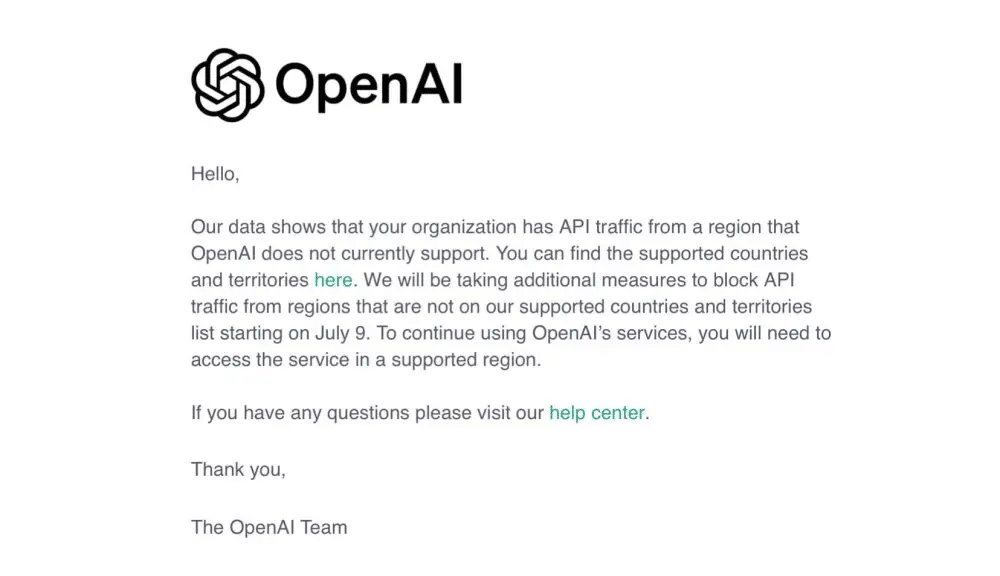 OpenAI 向用户发送的说明情况的邮件