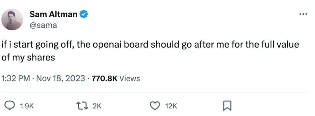 Sam Altman 回应“如果我向公司“开火”，OpenAI 董事会应该按照我股份的全部价值向我索赔”